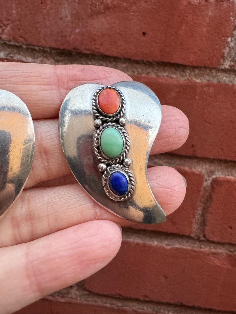 Native, Large Heart Earrings - Sterling, Lapis, Spiny Oyster & Turquoise - Picture 2 of 6